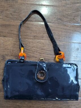 Request Navy Patent Leather Clutch Bag with Button & Kiss Lock Closure